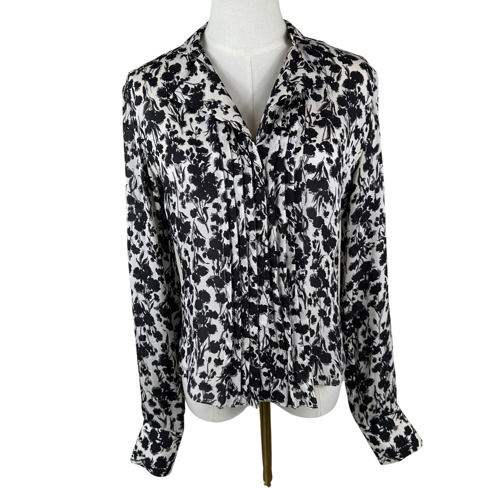 Vtg Barrie Pace Blouse Women 6 Black White Floral 100% Silk Pleated Office Shirt